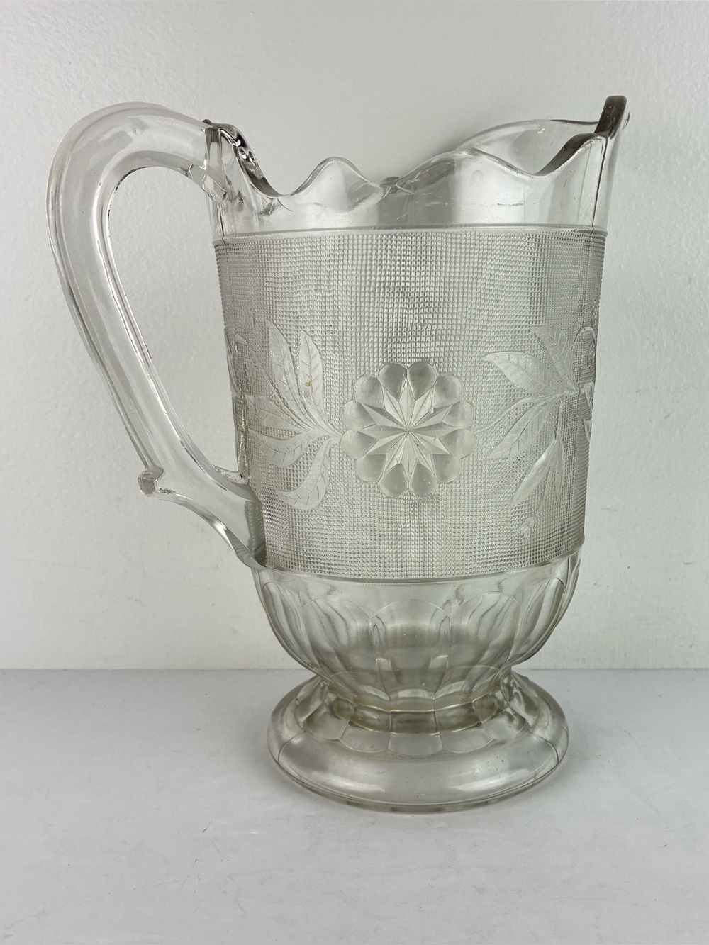 Early American Pattern Glass EAPG Stippled Dahlia Water Pitcher